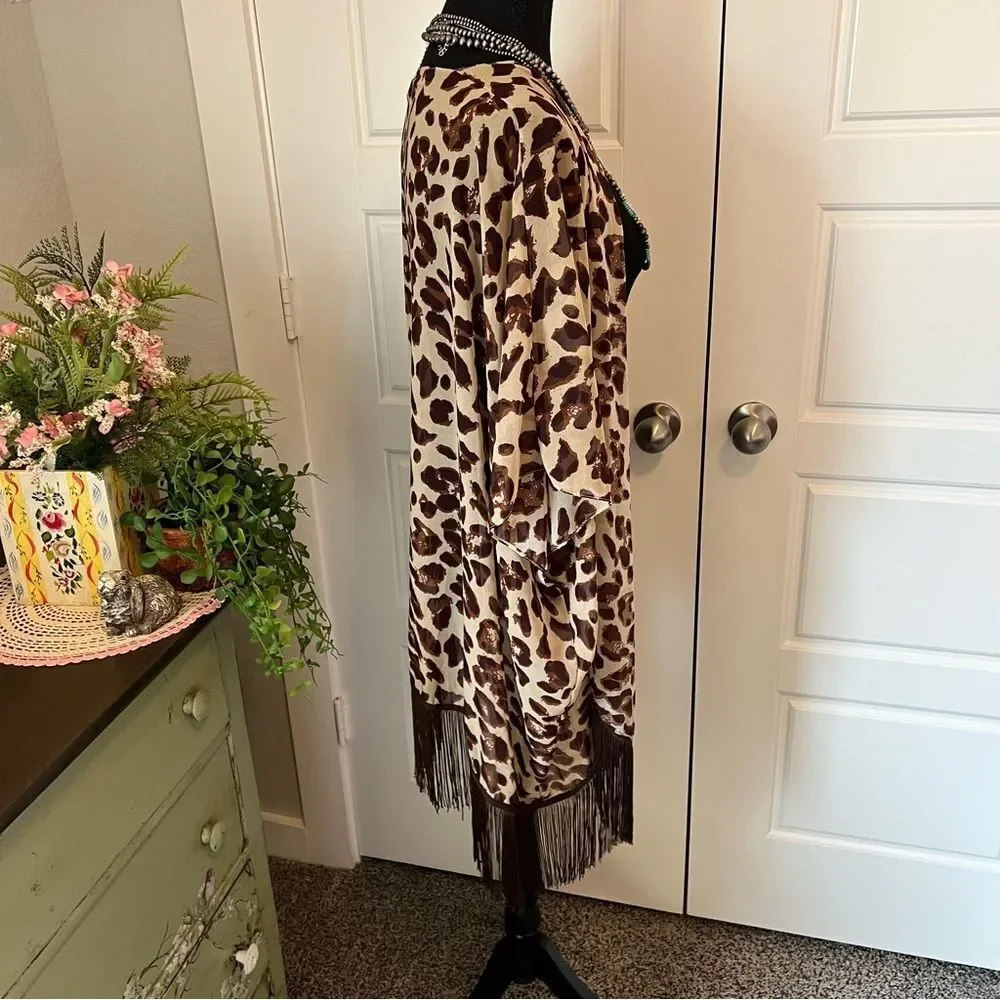 Soul Young Leopard & Floral Open Front Fringe Hem 2 Kimono Duster Blouses O/S - Picture 8 of 16